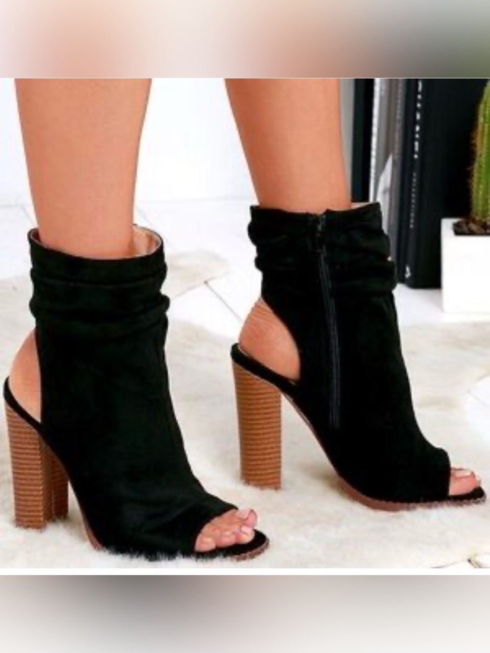 VENUS Black Open-Toe Suede Block Heel Booties with Wood-Tone Heel